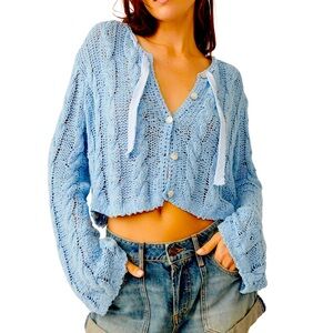 Free People Robyn Cable-Knit Cardigan Sweater | Blue Bell | XL